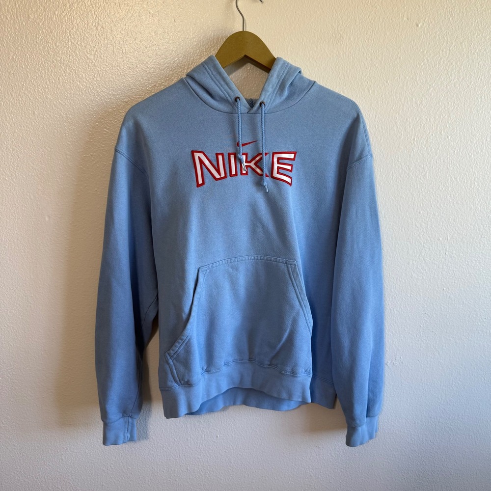 Vintage Nike Size Medium Baby Blue Center Swish Pullover Hoodie Made In USA